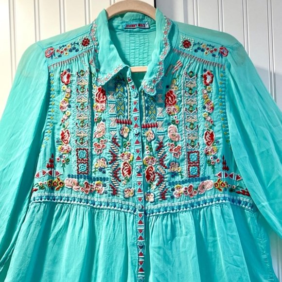 Johnny Was Tops - Gorgeous Johnny Was Floral Embroidered Blouse ~ Tiffany Blue ~ Boho Chic
